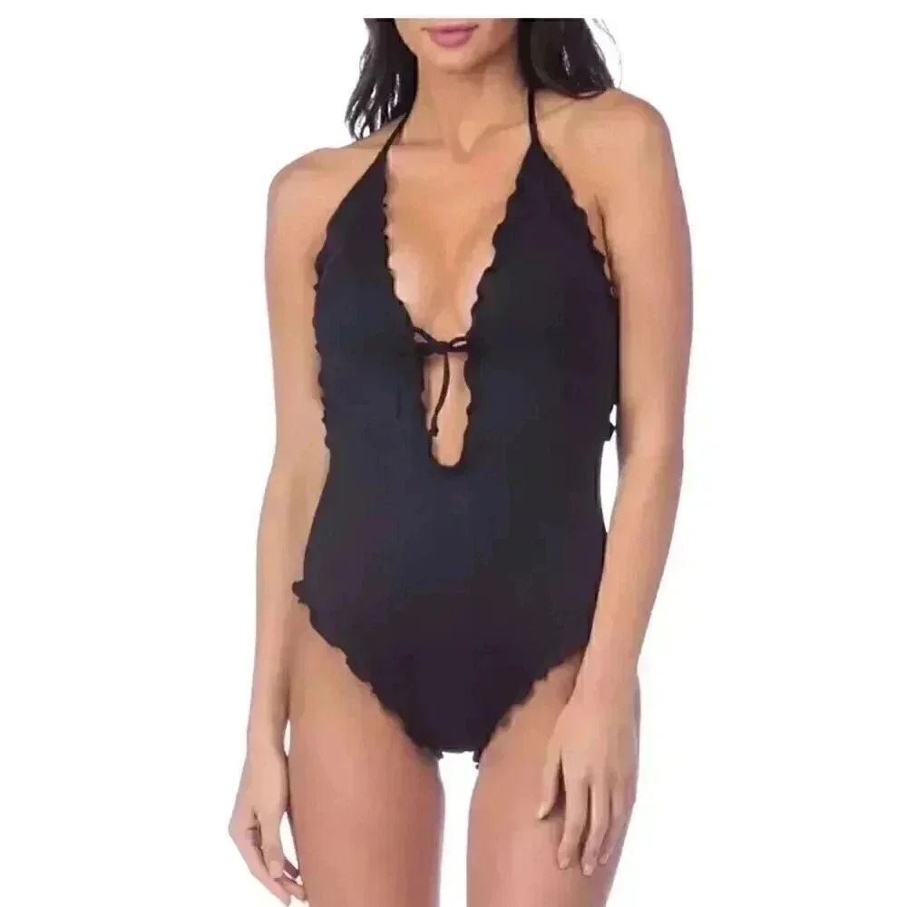 Anne Cole Women's Ebony Black Ruffled Low Cut One Piece Swimsuit NEW